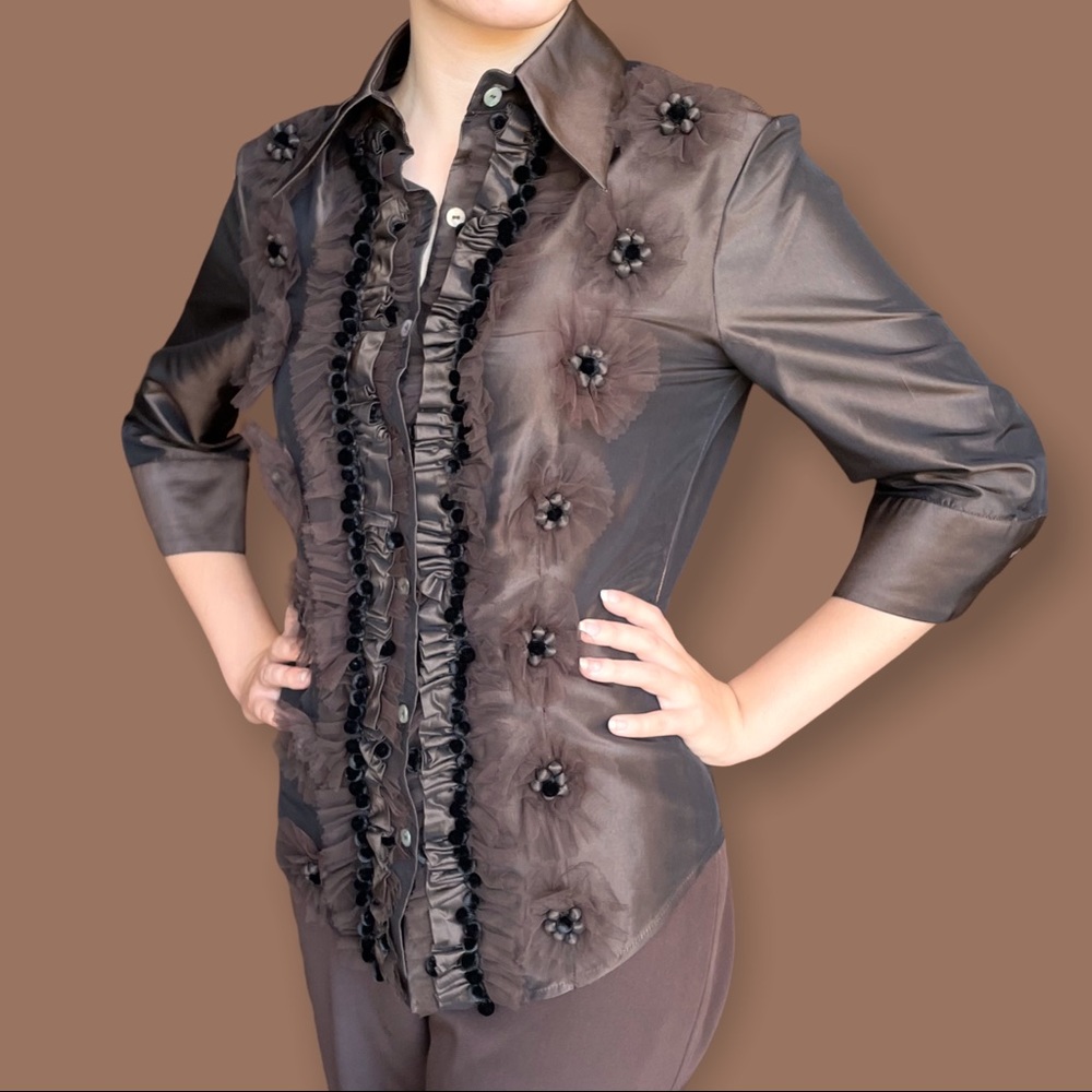 Brown Naeem Khan pant and jacket set.